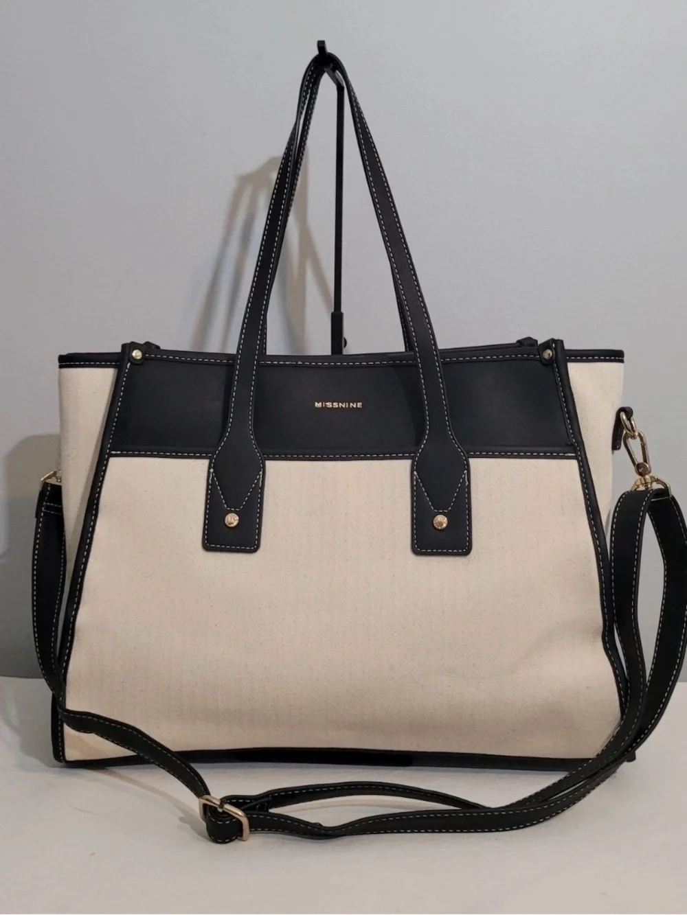 Missnine Laptop Tote Bag Beige Canvas Black Trim 15.6